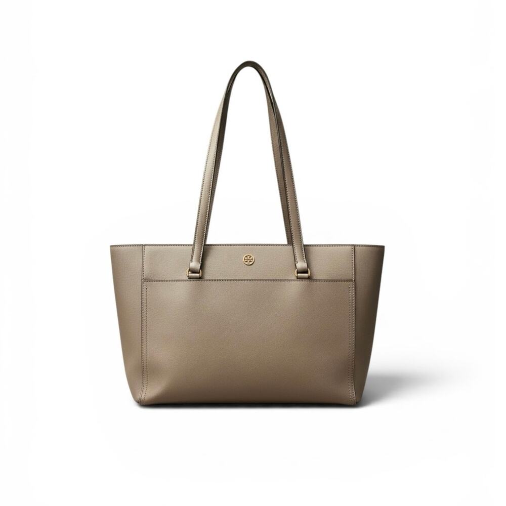 Tory Burch Ella Leather Tote Bag Taupe Beige Shoulder Handbag